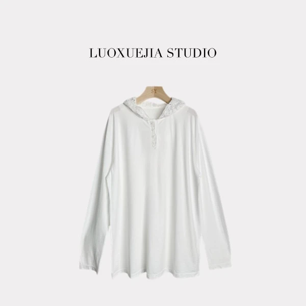 LXJ25225「奶肤白蕾」小众洋气蕾丝钩花拼接连帽宽松休闲上衣