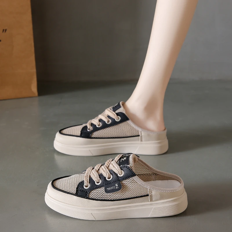 小白鞋女2024夏季新款韩版百搭网面透气平底拖鞋女休闲板鞋时尚潮