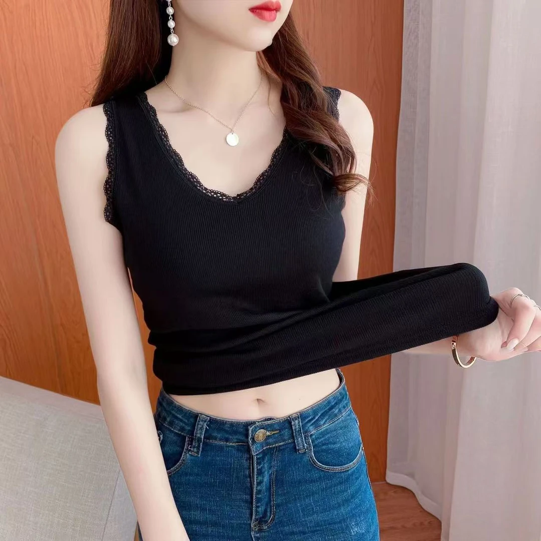 新款V领蕾丝边背心女螺纹百搭修身吊带打底衫内搭外穿显瘦上衣