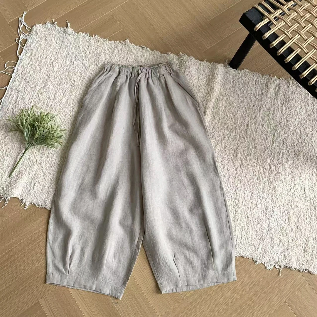 素心轻奢 2025夏100%亚麻复古文艺灯笼裤松紧腰宽松百搭休闲裤女