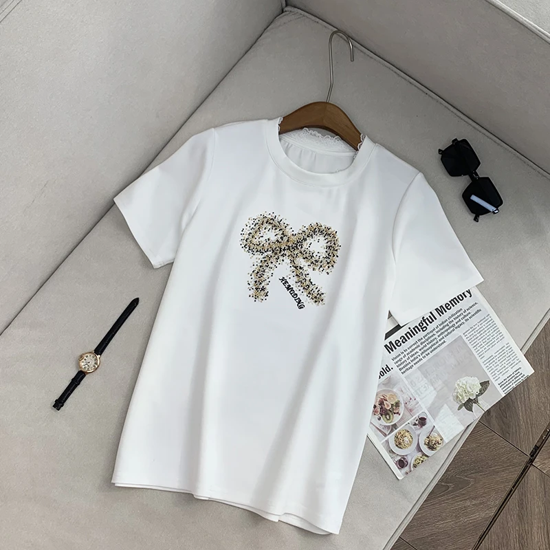 【南油子宸】休闲时尚百搭圆领蕾丝边蝴蝶结显瘦短袖T恤女800304