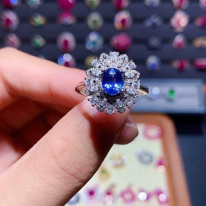 蓝宝石戒指银S925镶嵌矢车菊