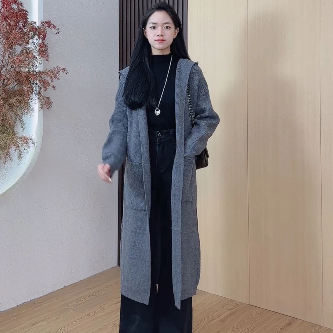 小个子定制长款慵懒风连帽冬季针织毛针织衫网红气质中长款开衫