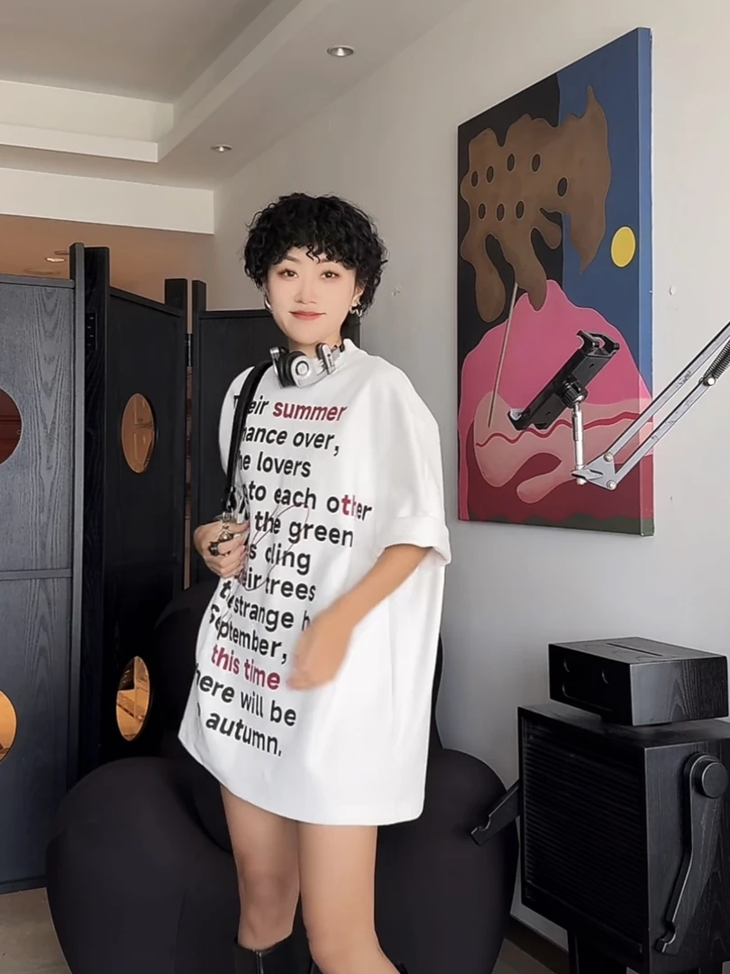 印花撞色字母长T恤