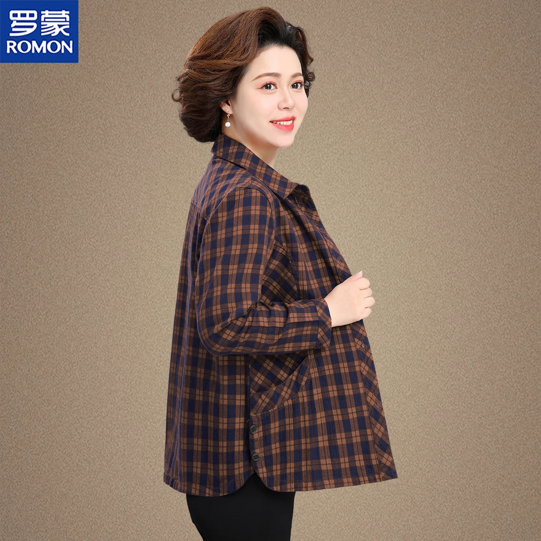 罗蒙妈妈秋装格子衬衫2025新款奶奶装上衣服中老年女春秋洋气外套