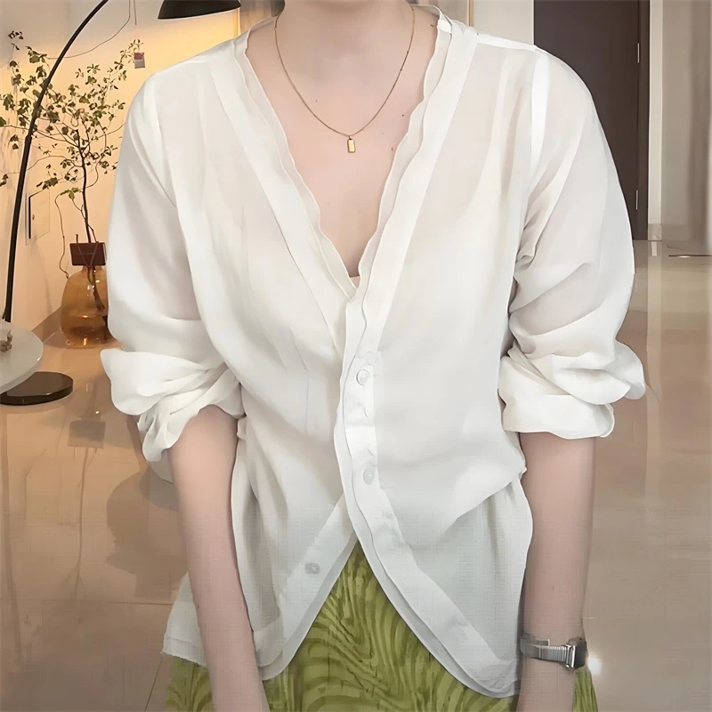 双层花边V领长袖防晒衬衫女夏季薄款微透设计感宽松显瘦百搭上衣