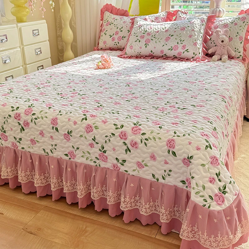四季床盖韩版公主风蕾丝绗缝亲肤透气床品套件防滑可机洗居家好物