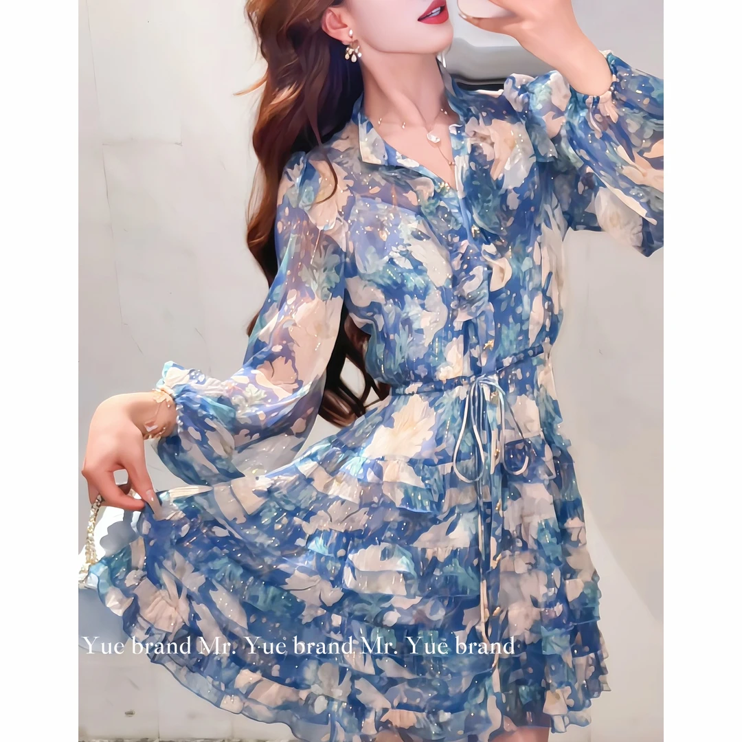 岳岳｜2025年夏季新款【梦幻山茶】轻奢印花显瘦时尚连衣裙100989
