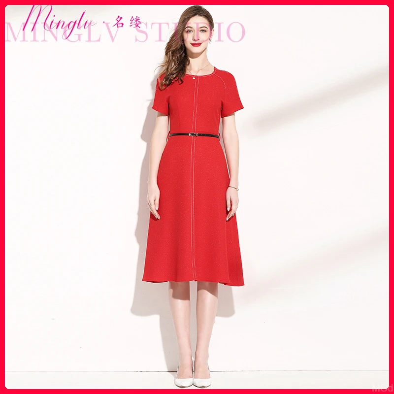 夏季女装红色2025年新款显瘦短袖连衣裙中长款简约气质系带收腰