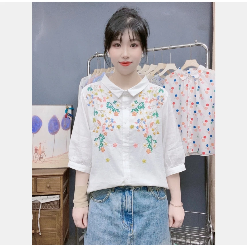 沫沫原创设计文艺复古小清新刺绣花卉双层棉纱中袖衬衫衬衣女