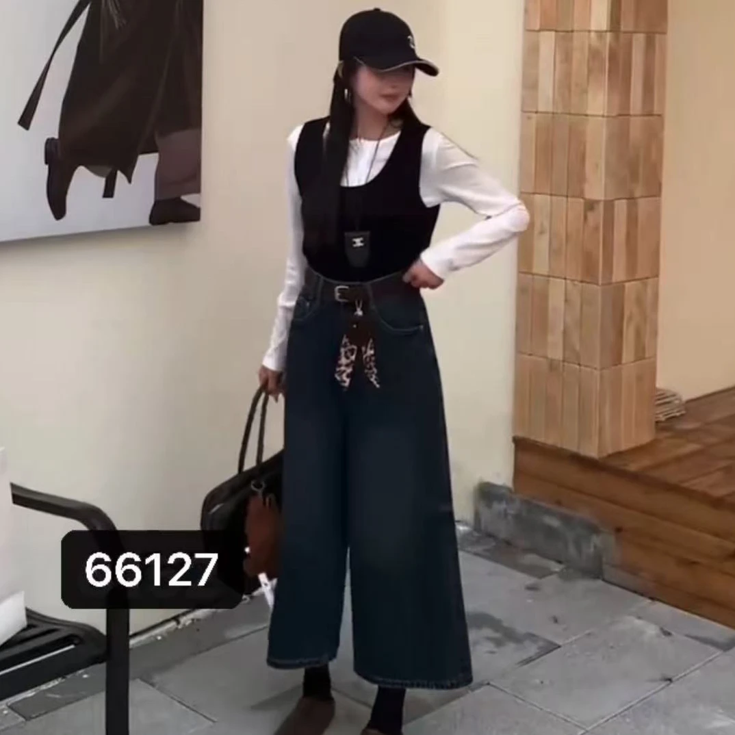 早秋新款高腰显瘦宽松百搭直筒阔腿牛仔裤