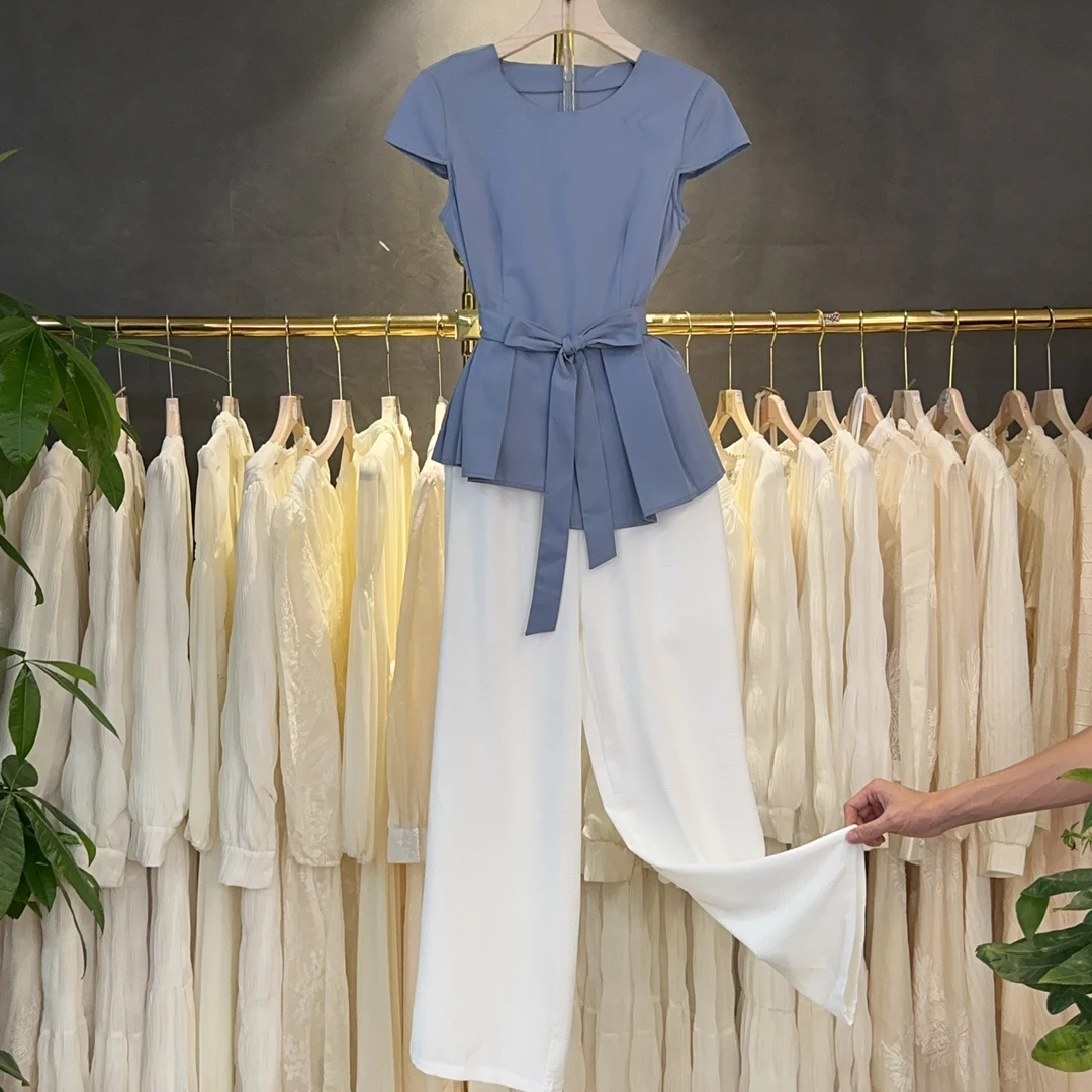 【两件套】A555 夏季新款小众设计蓝色显瘦收腰短袖小衫白色阔腿裤