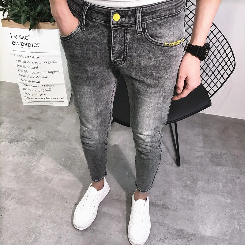 烟灰九分牛仔裤男2025夏季潮流时尚百搭韩版修身小脚水洗弹力紧身