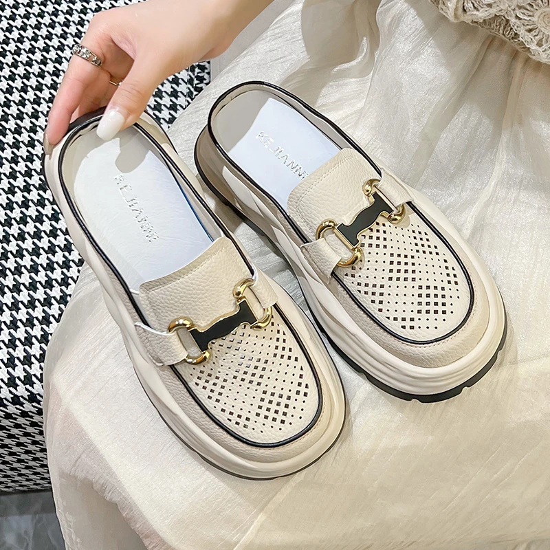 5cm厚底镂空松糕底包头拖鞋外穿时尚小白凉拖网红一脚蹬透气半托