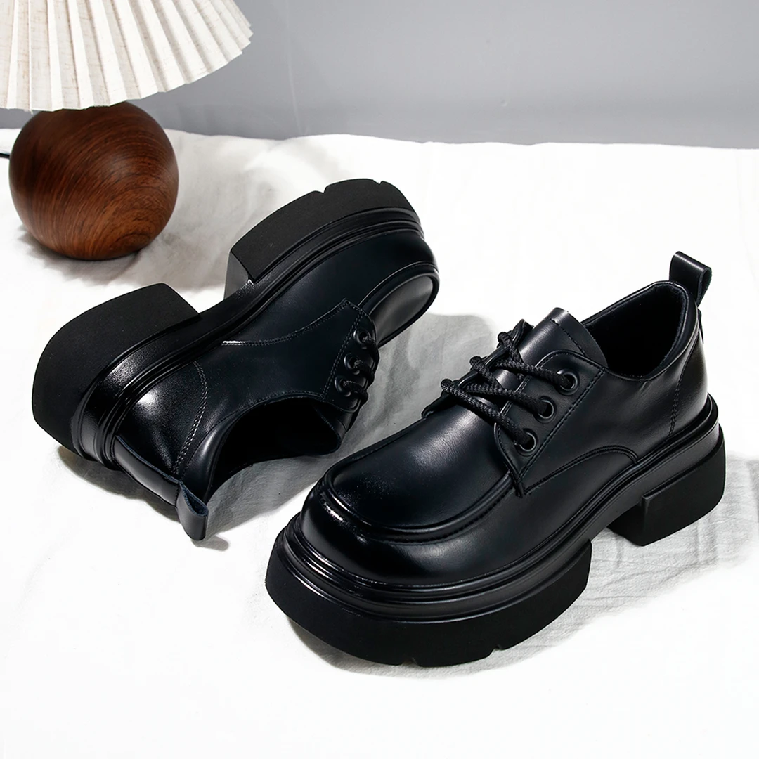 小个子增高厚底系带小皮鞋女2025春季新款大头鞋乐福鞋101