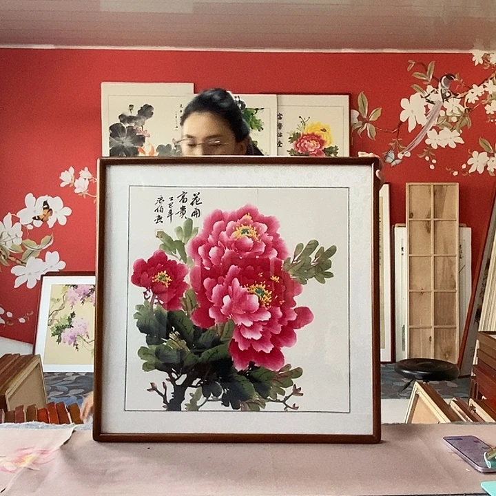 国画手写手绘国画作品带框包邮62✖️62