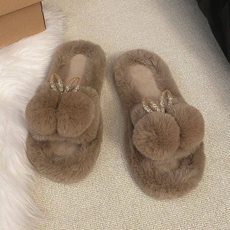 网红蝴蝶结毛毛拖鞋女2025秋冬新款仙女风居家外穿一字毛绒绒棉拖