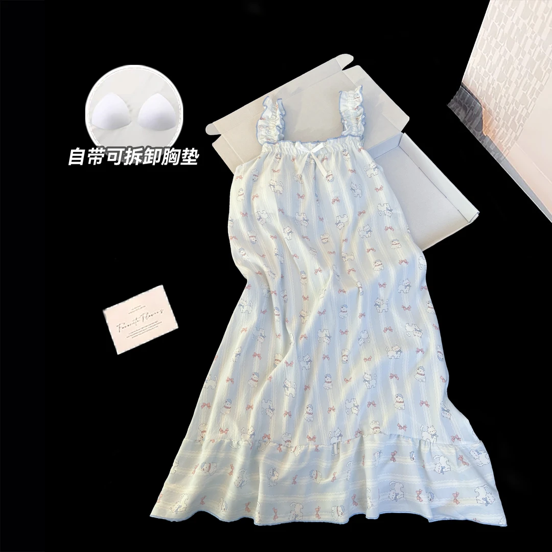 2025年新款夏季带胸垫吊带睡裙甜美显瘦中长款夏天睡衣女可外穿