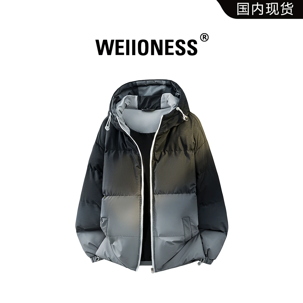 WEIIONESS渐变撞色连帽棉衣男冬季潮流宽松加厚百搭保暖棉服外套