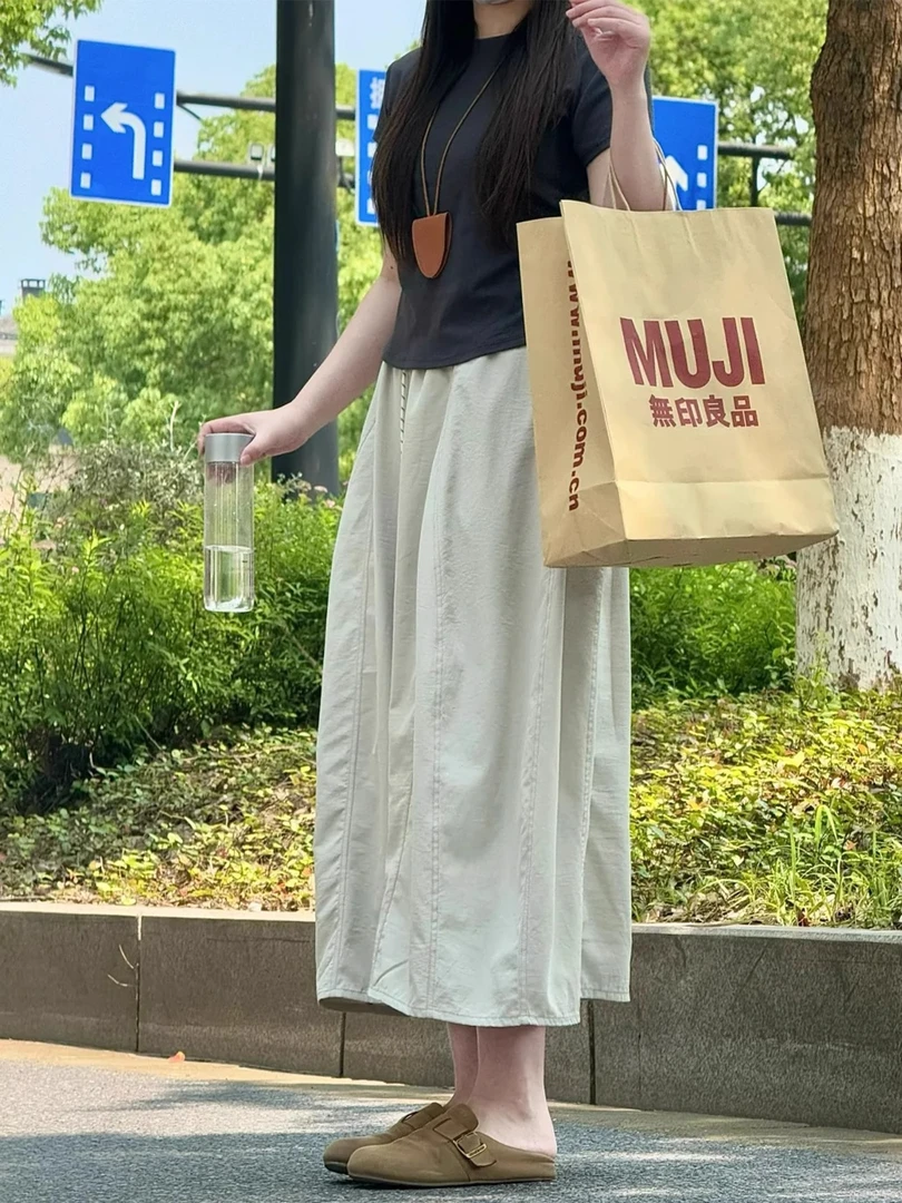 浅卡其工装半身裙女夏新款大码胖mm遮肚显瘦梨形身材a字裙中长款