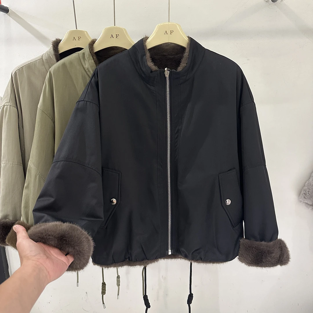 两面穿外套女2025冬新款韩版设计感立领宽松显瘦百搭拼接毛毛上衣