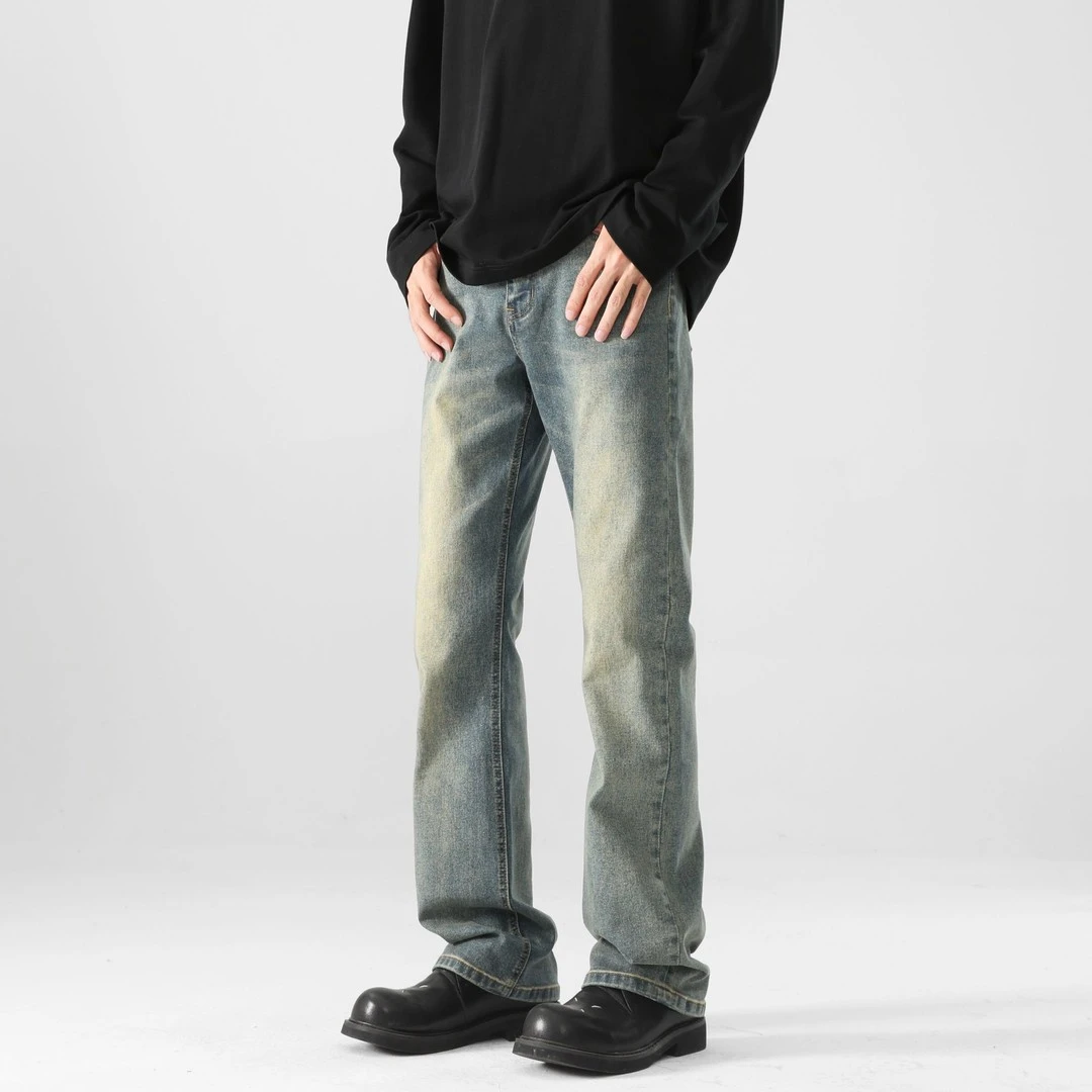 水洗做旧微喇牛仔裤男款cIeanfit加绒裤子美式潮牌复古百搭直筒裤