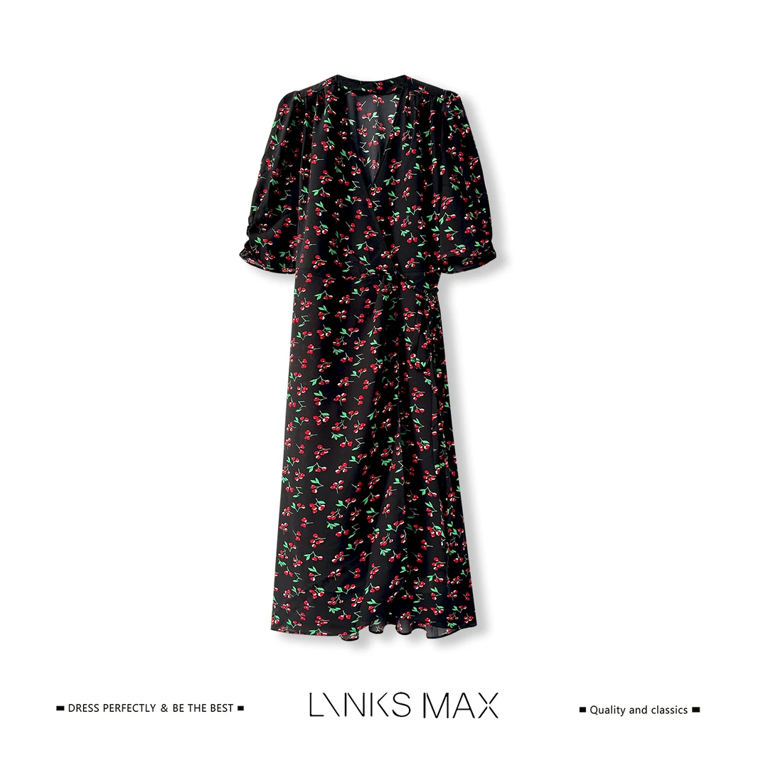 Links Max【可可专属】法式茶歇樱桃碎花围裹系带连衣裙26186