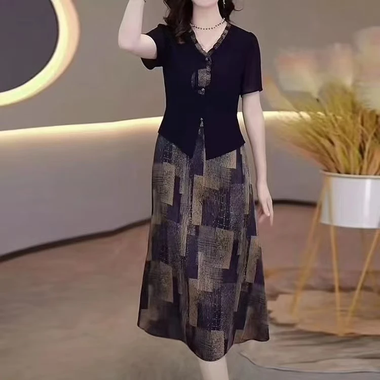 夏季中老年妈妈装时尚气质显瘦遮肚短袖假两件连衣裙