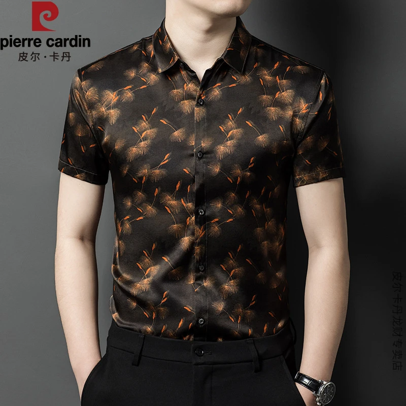 皮尔卡丹100真丝衬衣男短袖夏装新款高端中年男士桑蚕丝印花衬衫