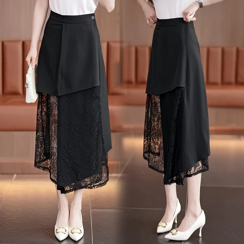 拉夏贝尔不规则黑色蕾丝半身裙女夏季薄款气质长裙一片式独特半裙