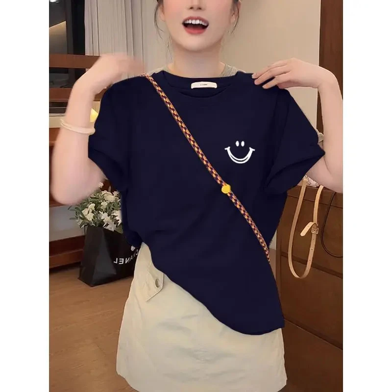 藏青色2025新款正肩圆领短袖t恤女时尚休闲百搭显瘦洋气上衣夏季