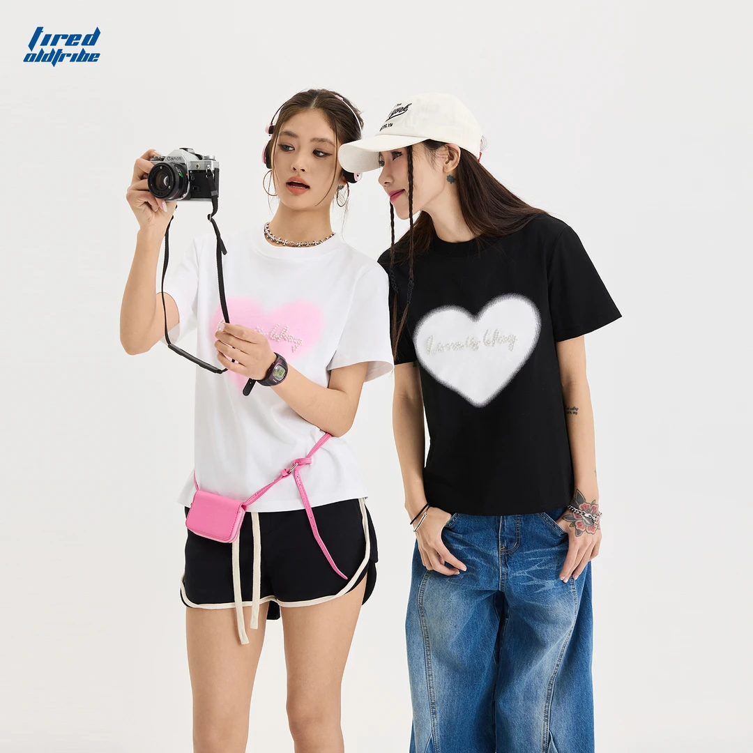 TIRED爱心钉珠圆领短袖T恤女夏季新款正肩宽松体恤ins百搭上衣潮