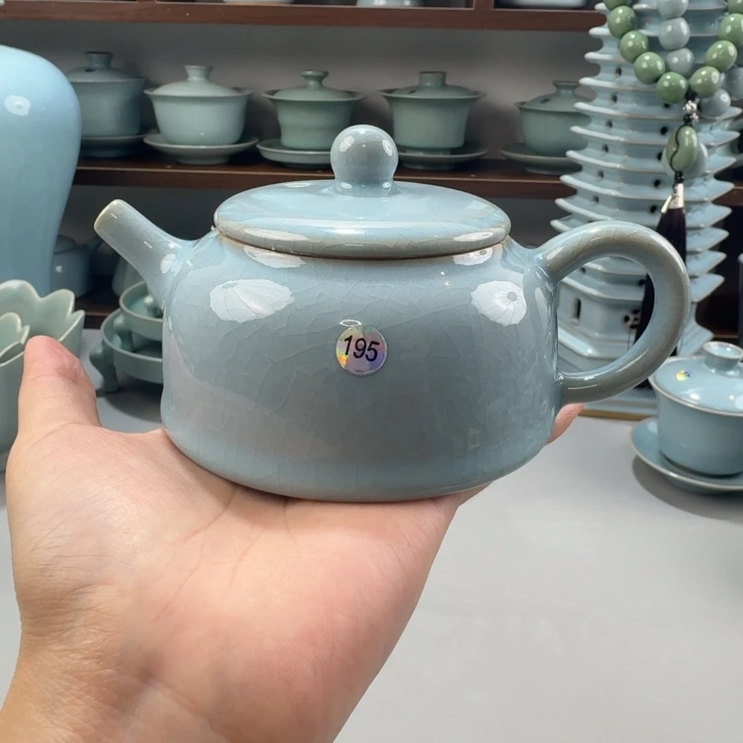 瓷摆件微瑕汝窑天青釉半月壶编号195