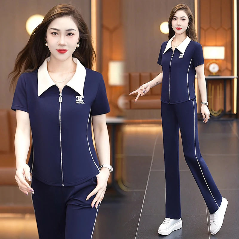 夏季运动服套装女2025新款时尚洋气妈妈显瘦减龄短袖休闲装两件套