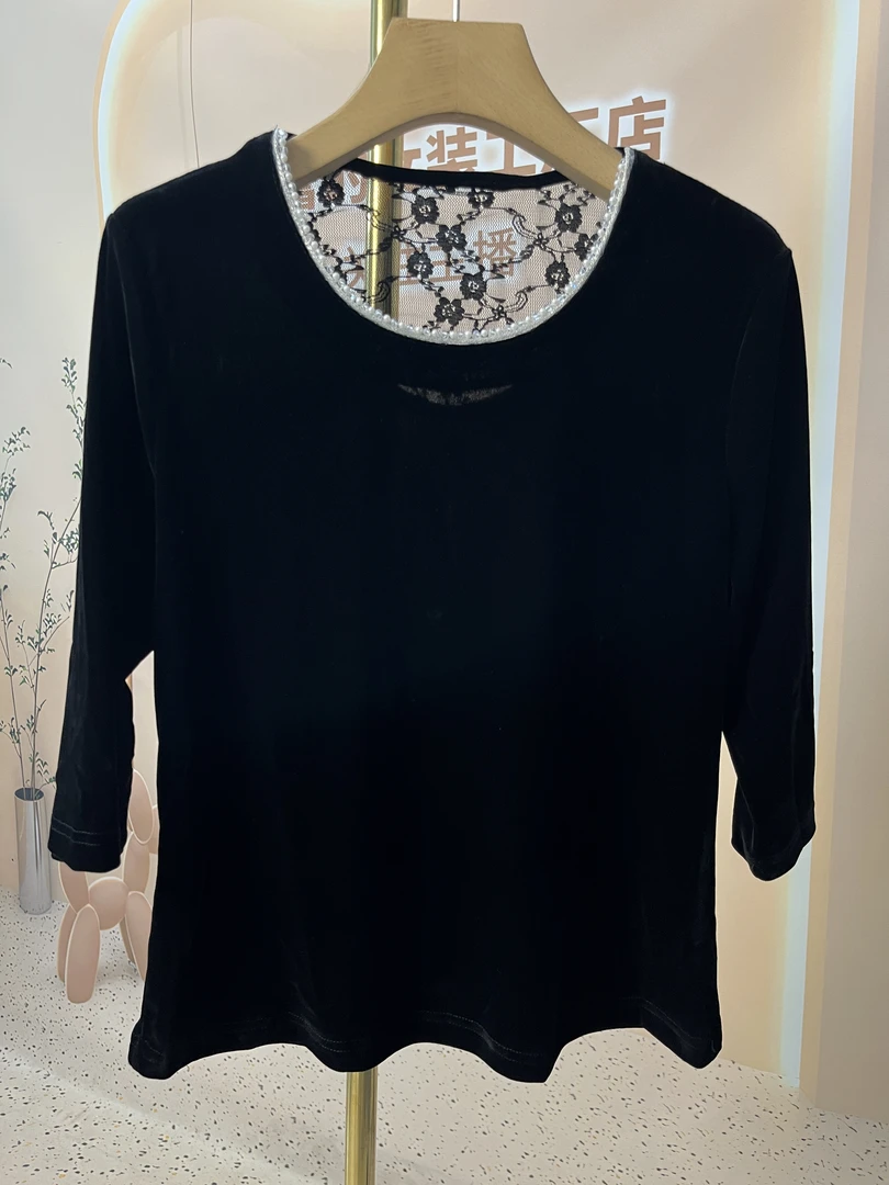 丝绒常规修身型百搭打底衫T恤千金风蕾丝中袖圆领
