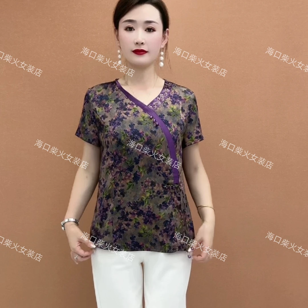 胖妈妈装高端夏季短袖T恤中老年新中式缎面提花衬衫宽松上衣小衫