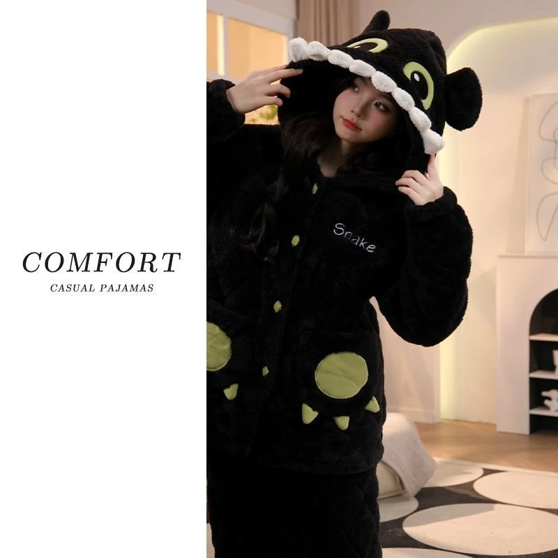 2025新款睡衣女三层夹棉加绒加厚珊瑚绒秋冬季保暖连帽家居服套装