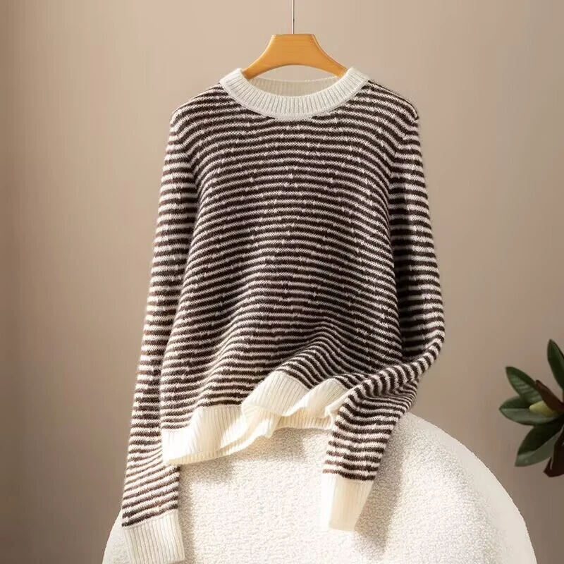 抢首批~数量少~真塬纱~丝羊绒条纹针织套头衫女2025年秋冬新款