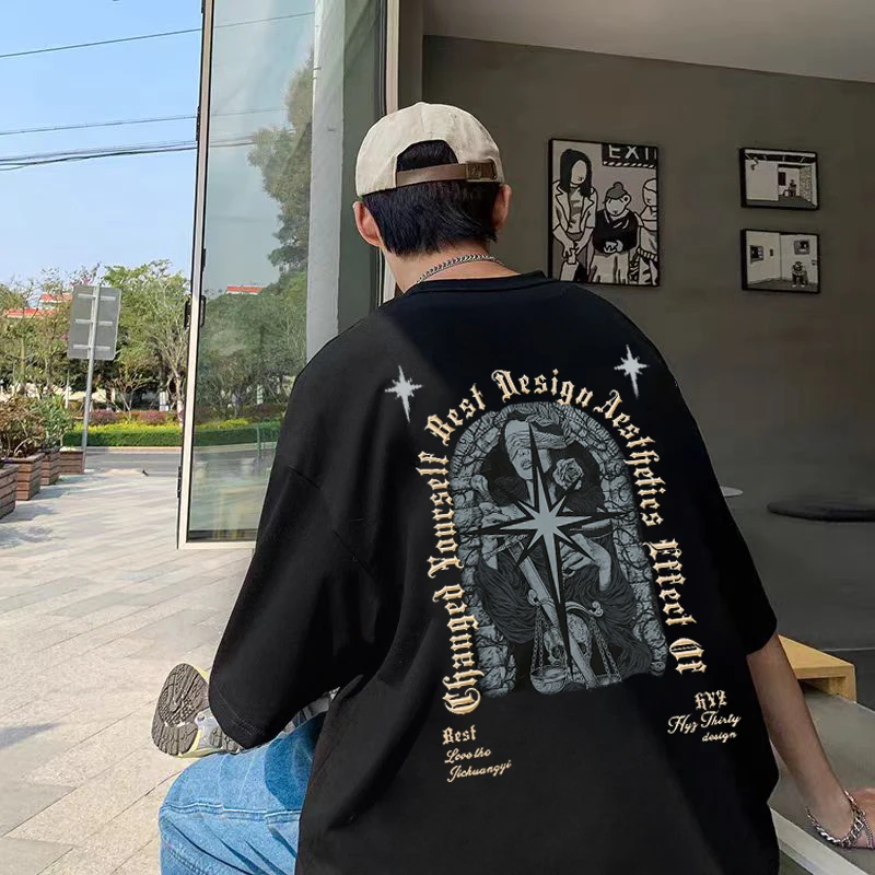 欧美设计感印花短袖T恤男夏季重磅纯棉ins休闲情侣半袖体恤女潮