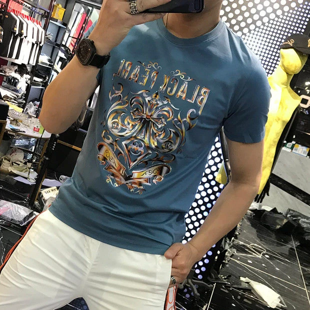 欧洲站2025夏季新款短袖T恤男潮牌重工渐变色图腾烫钻时尚上衣男