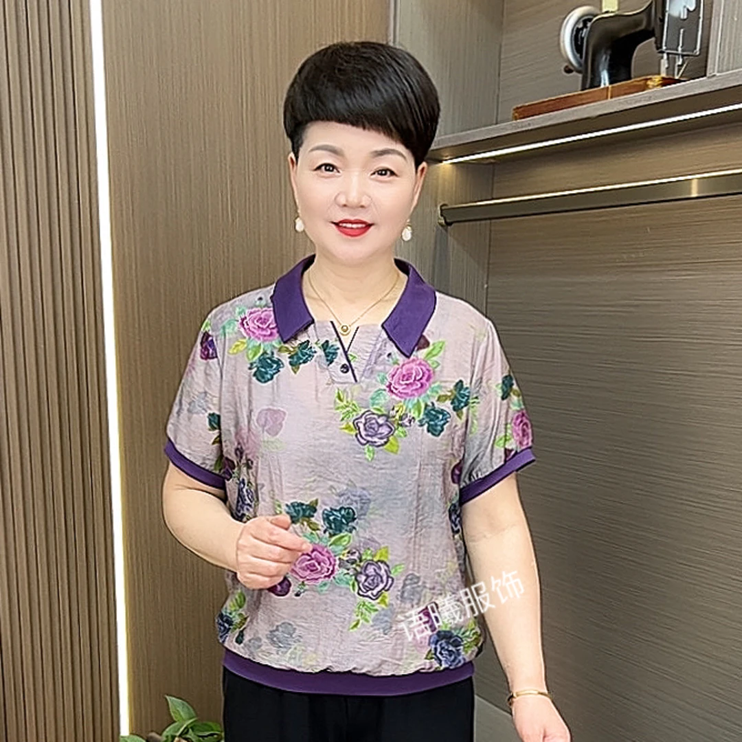 植物花卉翻领常规纽扣中老年女装夏季女装洋气休闲风T恤F917