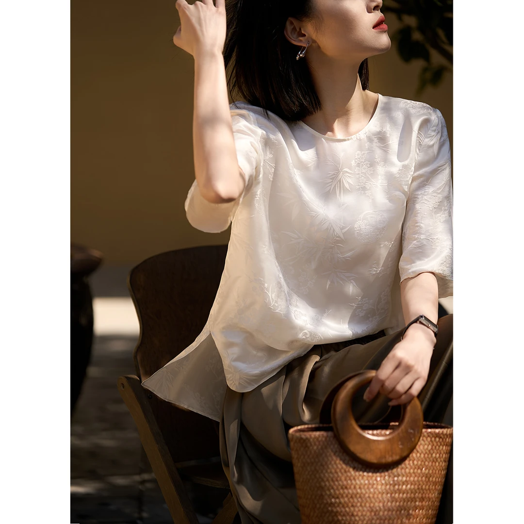 【梅竹雅韵】温婉新中式19姆米桑蚕丝人丝提花短袖上衣XYE880652MG