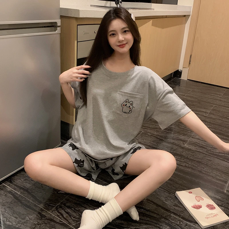 夏季新款纯棉三件套睡衣女生卡通可爱印花休闲舒适薄款家居服套装