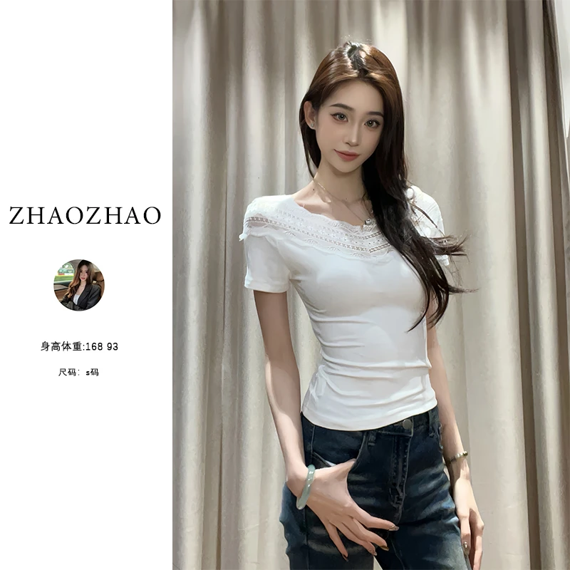【ZHAOZHAO】2025夏季纯欲辣妹设计感V领T恤蕾丝拼接收腰短袖上衣