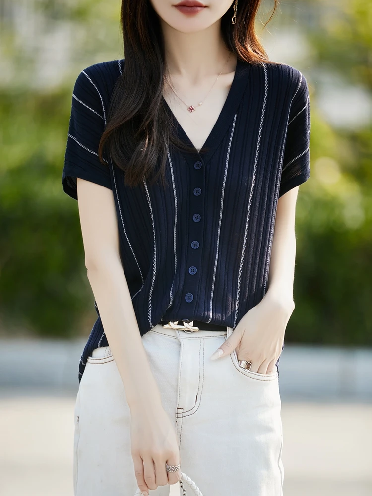 桑蚕丝V领显瘦短袖女夏季2025新款打底衫洋气大码女装针织上衣
