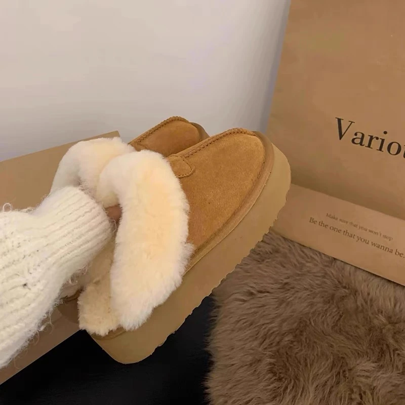 真皮真毛版～厚底拖鞋网红款女加绒防滑雪地靴（建议加大一码拍）