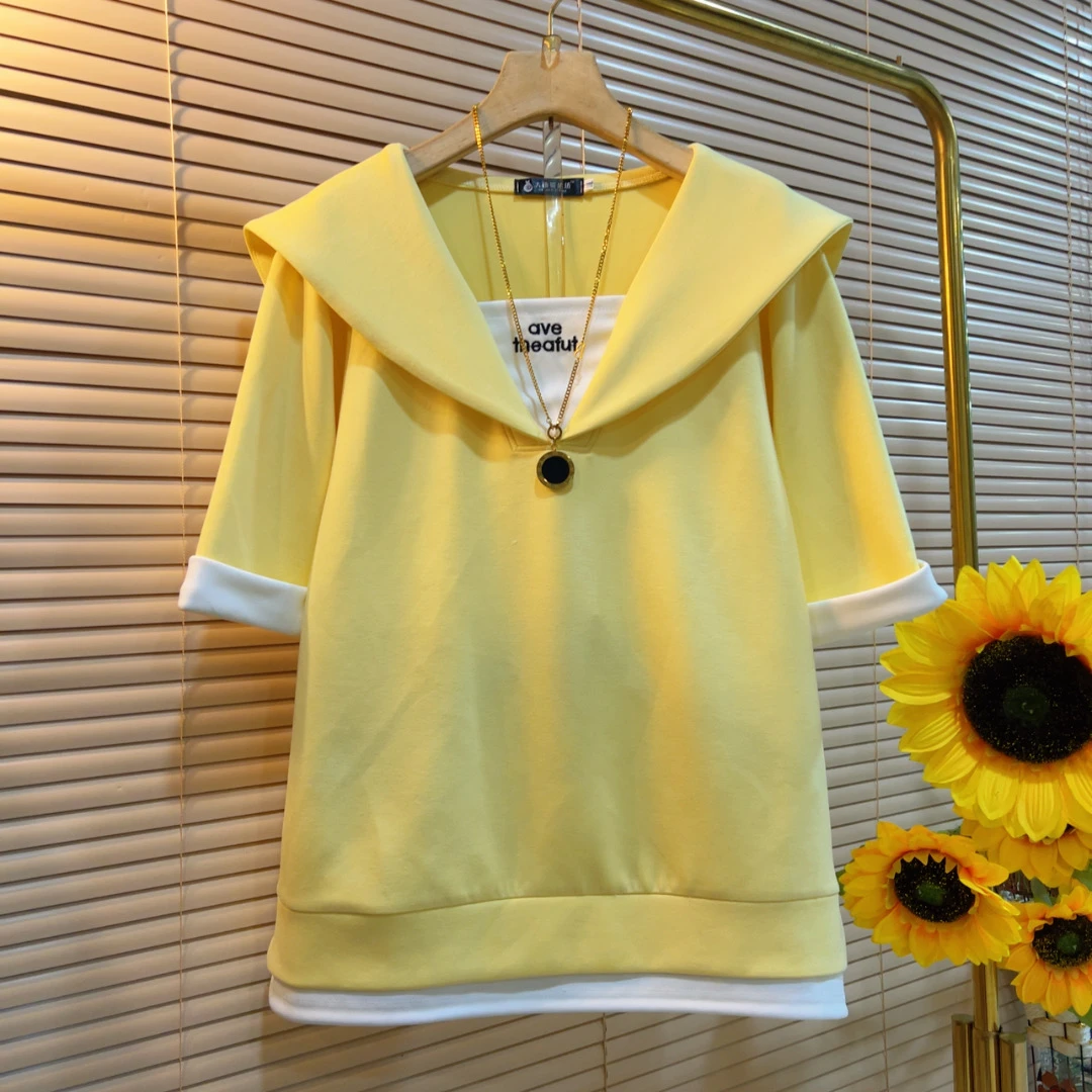 DYZ新款海军领拼接撞色短袖遮肉休闲T恤