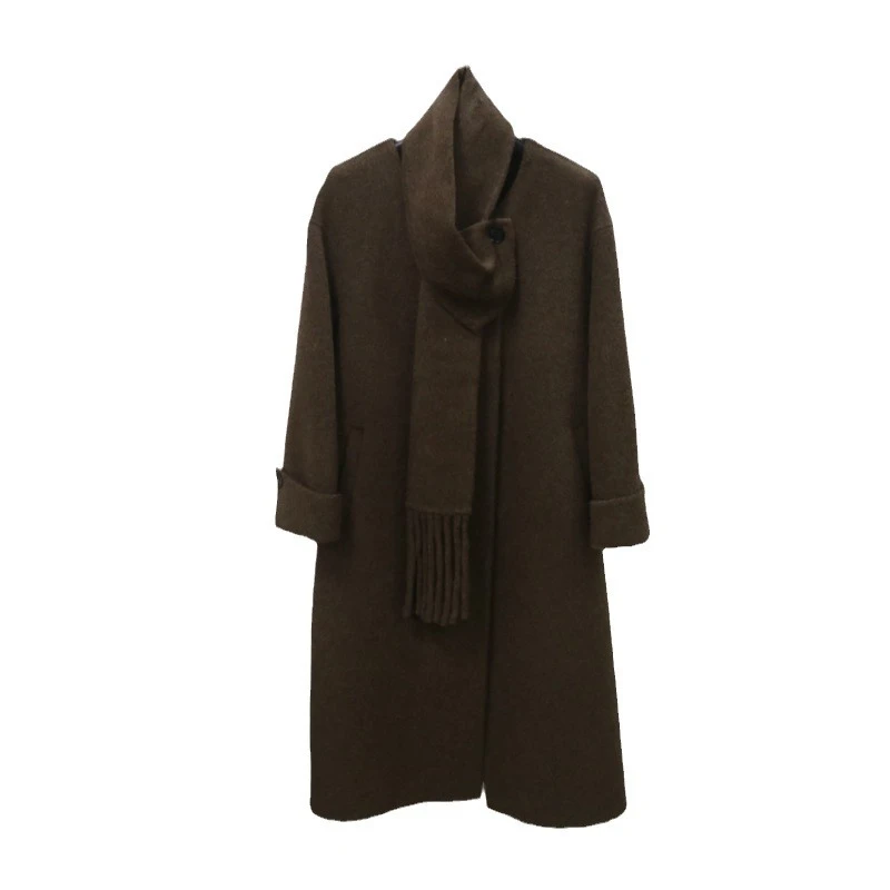 欧洲站羊毛双面呢圆领长款带围巾垂感风衣外套气质秋冬新长款女