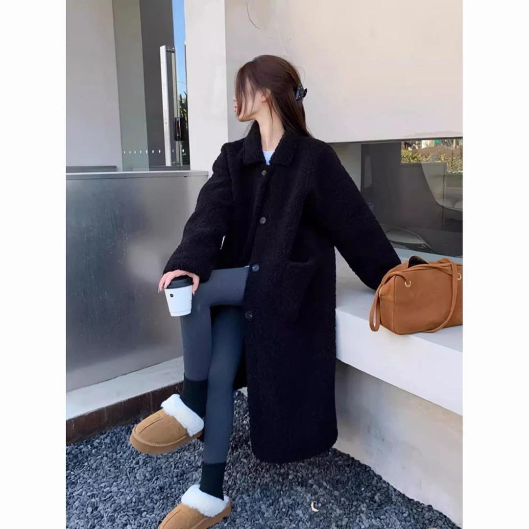 黑色皮毛一体仿皮草翻领羊羔毛外套女冬加厚毛毛中长款保暖大衣