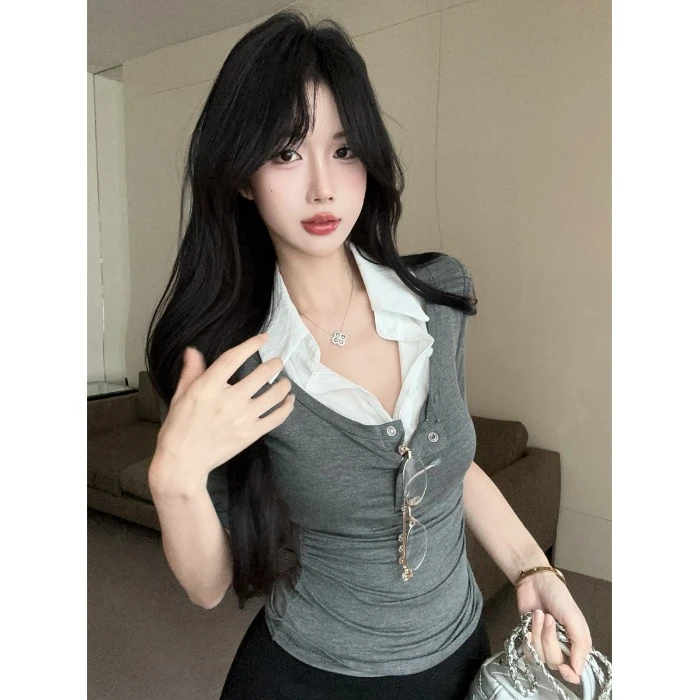 假两件polo领短袖t恤女设计感小众夏纯欲辣妹v领上衣独特绝美衬衫